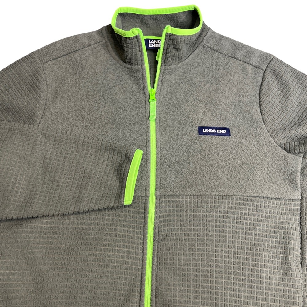 Lands End Mens Grid Fleece Full Zip Jacket Olive Green Neon S 34-36 Mock Neck